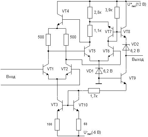Схема первого промышленного интегрального компаратора mА710 (отечественный аналог - 521СА2)
